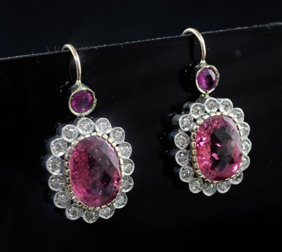 A pair of white and yellow gold, pink tourmaline and diamond oval cluster earrings, 22mm.